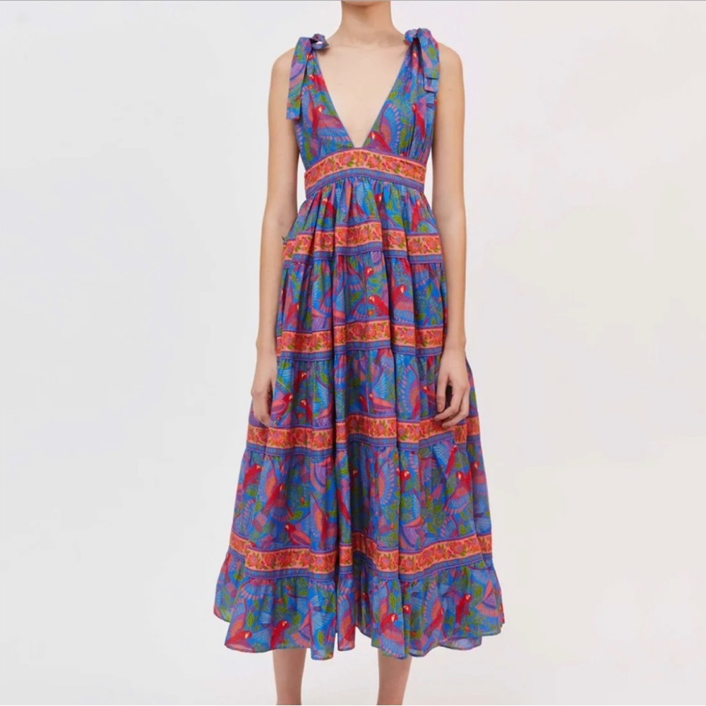 Farm Rio Blue Macaw V Neck Midi Dress